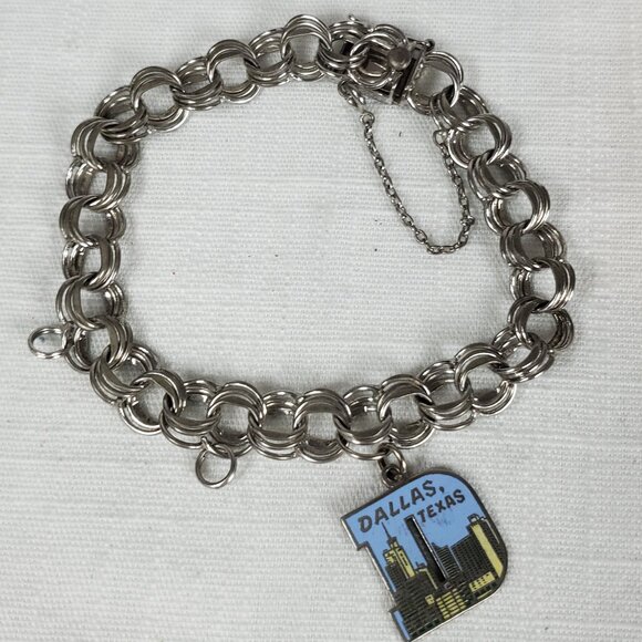 Vintage American Sterling Heavy Curb Triple Round Cable Link Charm Bracelet - Picture 1 of 12